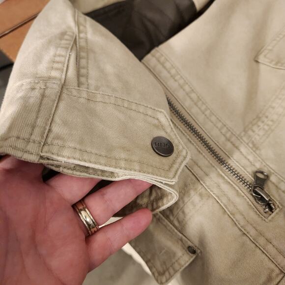 BNCI Tan Brown Canvas Utility Jacket Faux Leather Neutral Pockets Womens Large L - Picture 9 of 12